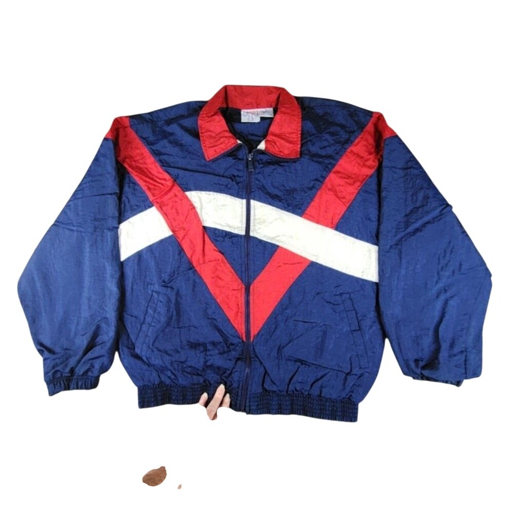 TODD1 Jacket Mens Medium Blue Red Colorblock Full Zip Windbreaker Side Pockets